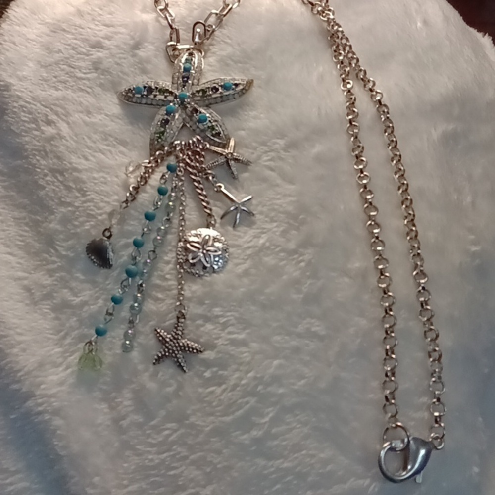 328. STATEMENT NECKLACE SILVER TONE BLUE GEMS OCEAN THEME 19"